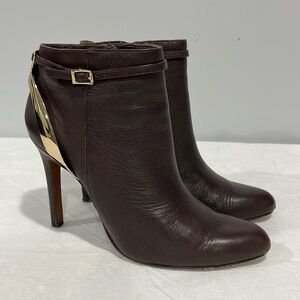 Coach Katisha size 8.5 brown leather booties with golden frame 4.5” high heel